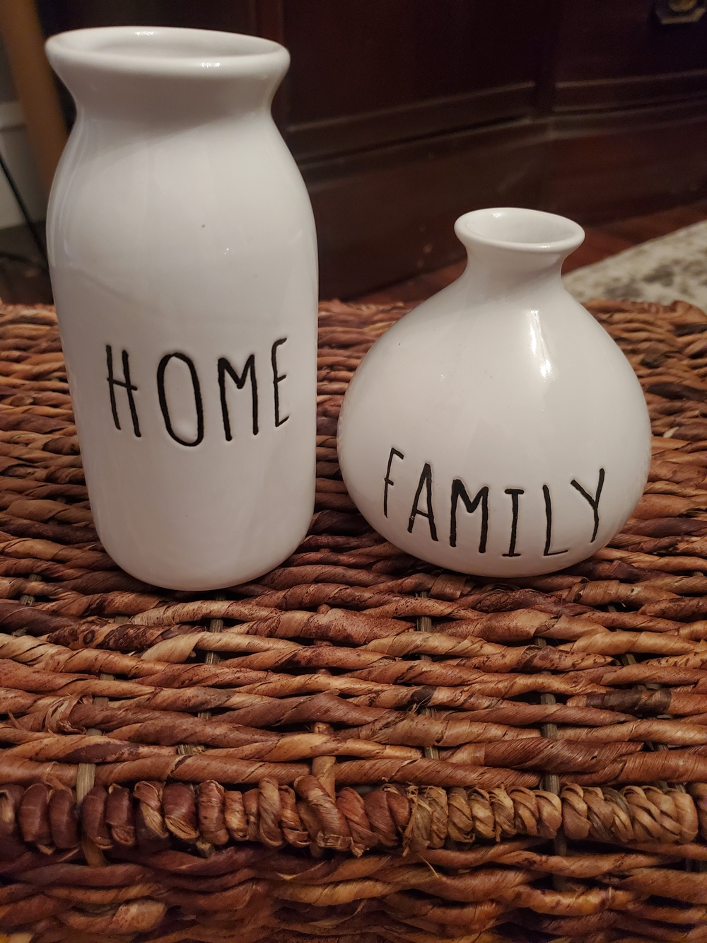 Pier 1 White Ceramic 'Home' & 'Family' Vase Duo